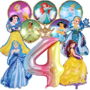 11pcs princess birthday party foil balloons-40 inch rainbow number 4 balloons girls favorite princess baby shower party decorations(princess 4rd birthday) (4th)