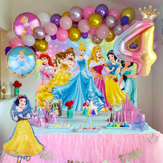 11PCS Princess Birthday Party Foil Balloons-40 Inch Rainbow Number 4 Balloons Girls Favorite Princess Baby Shower Party Decorations(Princess 4rd Birthday) (4th)