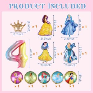 11PCS Princess Birthday Party Foil Balloons-40 Inch Rainbow Number 4 Balloons Girls Favorite Princess Baby Shower Party Decorations(Princess 4rd Birthday) (4th)