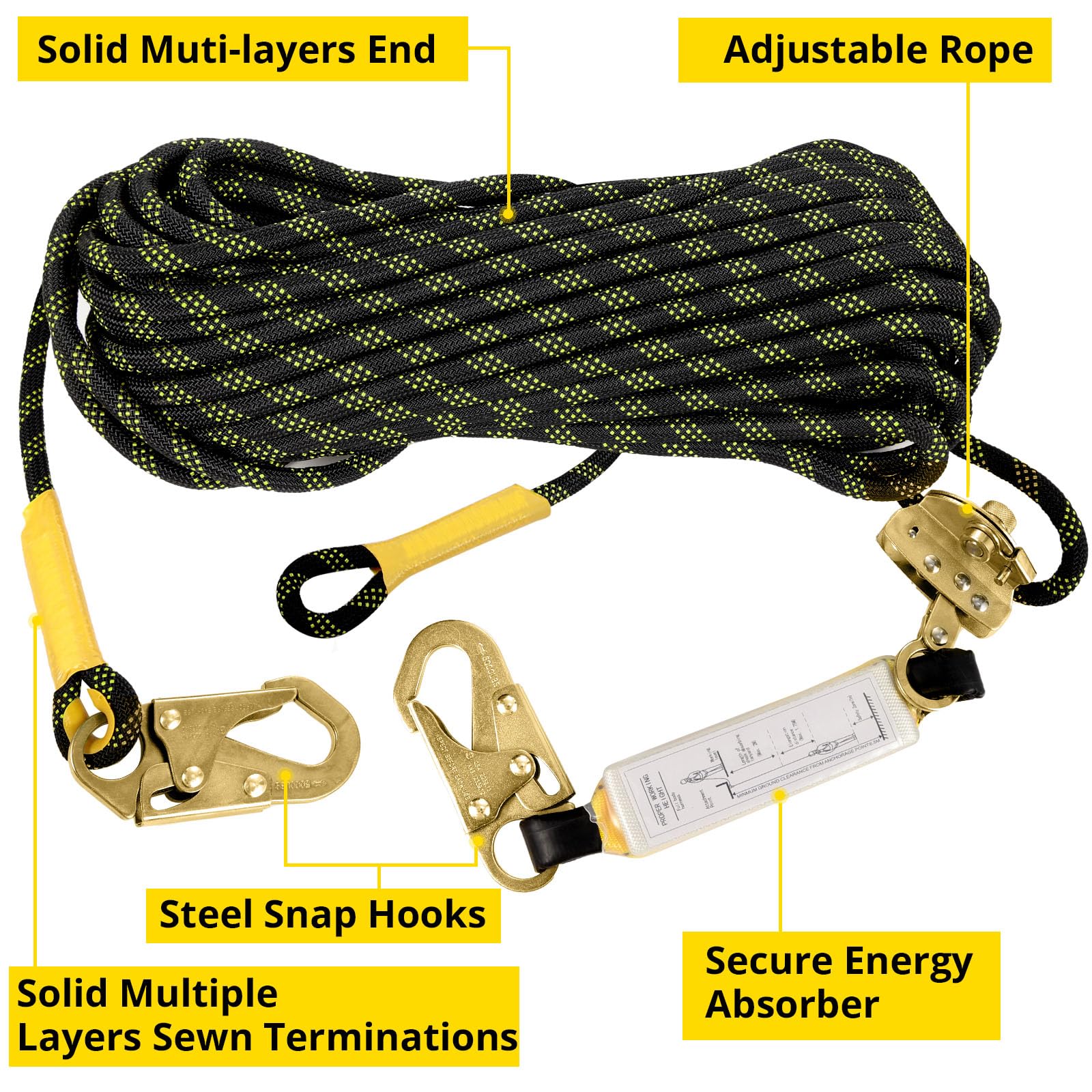 TRSMIMA Rope Harness Safety Lanyard：50ft Vertical Roofing Rope With Grab Snap Hooks Shock Absorber - Fall Protection Tree Climbing Line Kit Heavy Duty Roof Safety Equipment ANSI CE