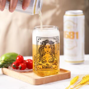 Nefelibata Virgo Beer Can Glass 16 OZ Constellation Iced Coffee Glass with Lid Metal Straw and Cleaning Brush, Reusable Drinking Cup for Coffee Tea Soda Juice, Zodiac Gifts for Women and Men, Set of 1