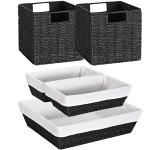 vagusicc storage basket, set of 2 foldable cube hand-woven paper rope wicker baskets 11 inches + set of 3 woven paper rope wicker handles baskets for storage with liners