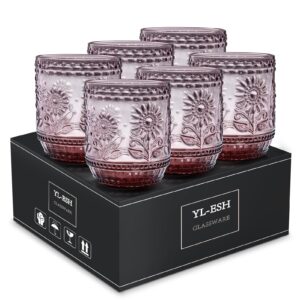 yl-esh vintage glassware collection, old fashioned cocktail glass 6 pack 12 oz, drinking water glasses decorate embossed colored tumblers for whisky, beer, cocktails, mixed drinks, wine, green