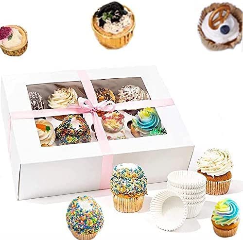 Rarapop 6-Set Cupcake Boxes Hold 12 Standard Cupcales, Food Grade Cupcake Holders Bakery Carrier Boxes with Windowsand Inserts for Cupcakes, Muffins and Pastries