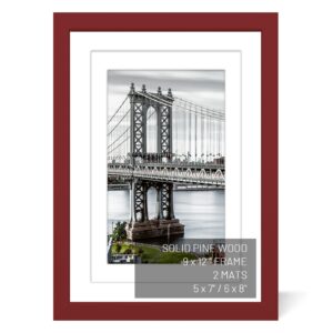 uhfwifr 9x12 picture frames solid wood display pictures 6x8 or 5x7 with mat or 9x12 frame without mat poster photo frame art with 2 mats for wall mounting or table top(red)