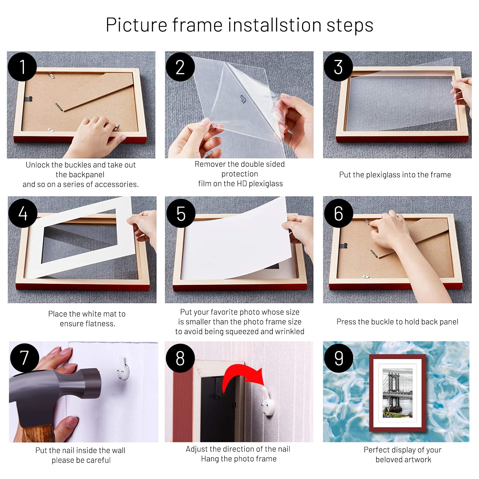UHFWIFR 9x12 Picture Frames Solid Wood Display Pictures 6x8 or 5x7 with Mat or 9x12 Frame without Mat Poster Photo Frame Art with 2 Mats for Wall Mounting or Table Top(Red)