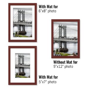 UHFWIFR 9x12 Picture Frames Solid Wood Display Pictures 6x8 or 5x7 with Mat or 9x12 Frame without Mat Poster Photo Frame Art with 2 Mats for Wall Mounting or Table Top(Red)