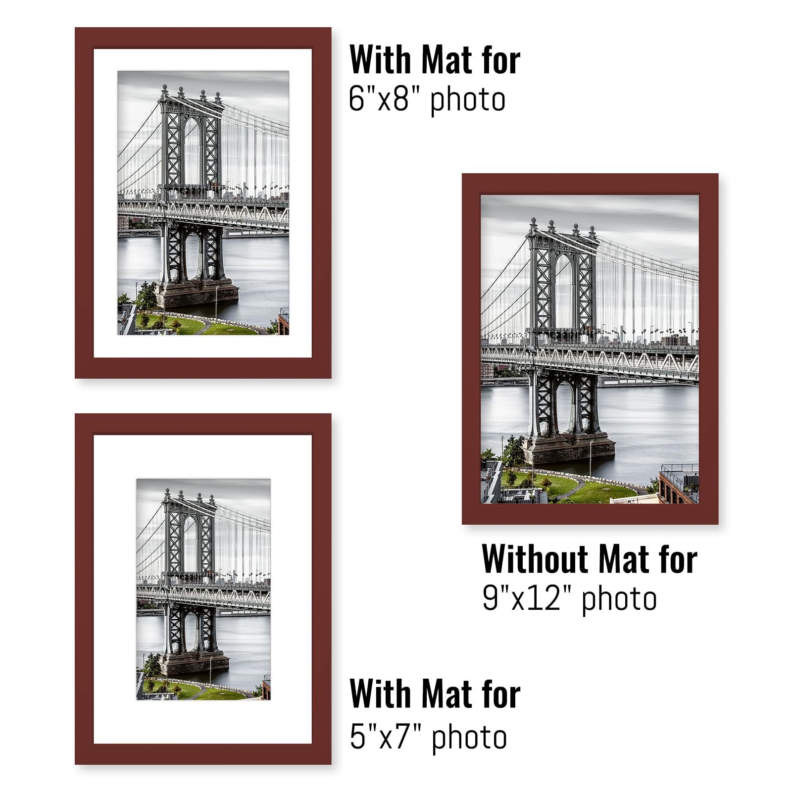 UHFWIFR 9x12 Picture Frames Solid Wood Display Pictures 6x8 or 5x7 with Mat or 9x12 Frame without Mat Poster Photo Frame Art with 2 Mats for Wall Mounting or Table Top(Red)