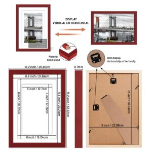 UHFWIFR 9x12 Picture Frames Solid Wood Display Pictures 6x8 or 5x7 with Mat or 9x12 Frame without Mat Poster Photo Frame Art with 2 Mats for Wall Mounting or Table Top(Red)