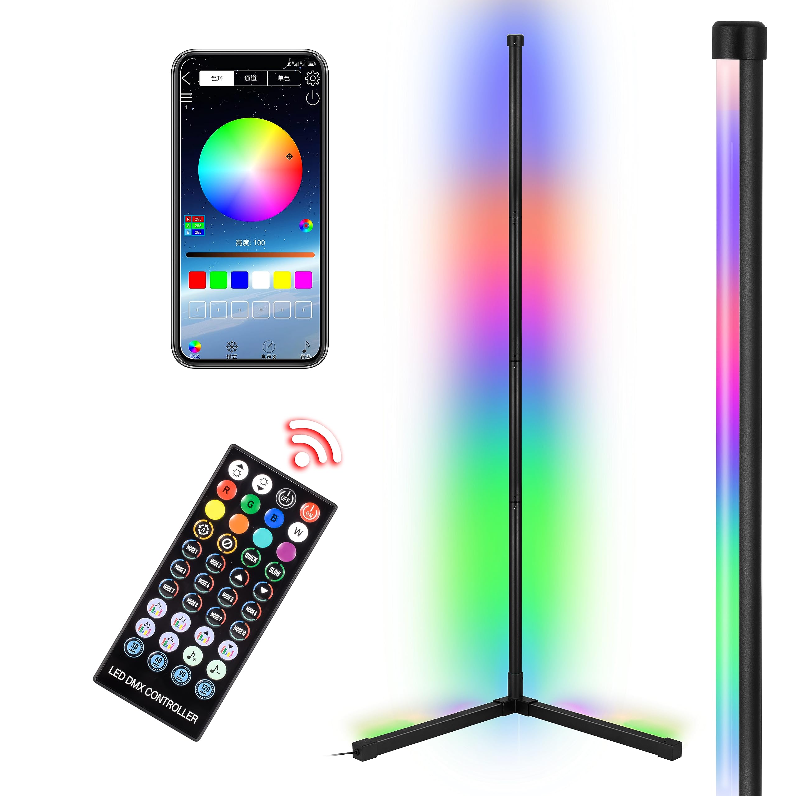 24W Corner Floor Lamp, 62" Smart RGB LED Floor Lamp with Music Sync, Modern Mood Lighting Corner Lamp Dimmable with Remote & App Control, DIY Mode & Timer RGB Corner Light for Living Room Gaming Room