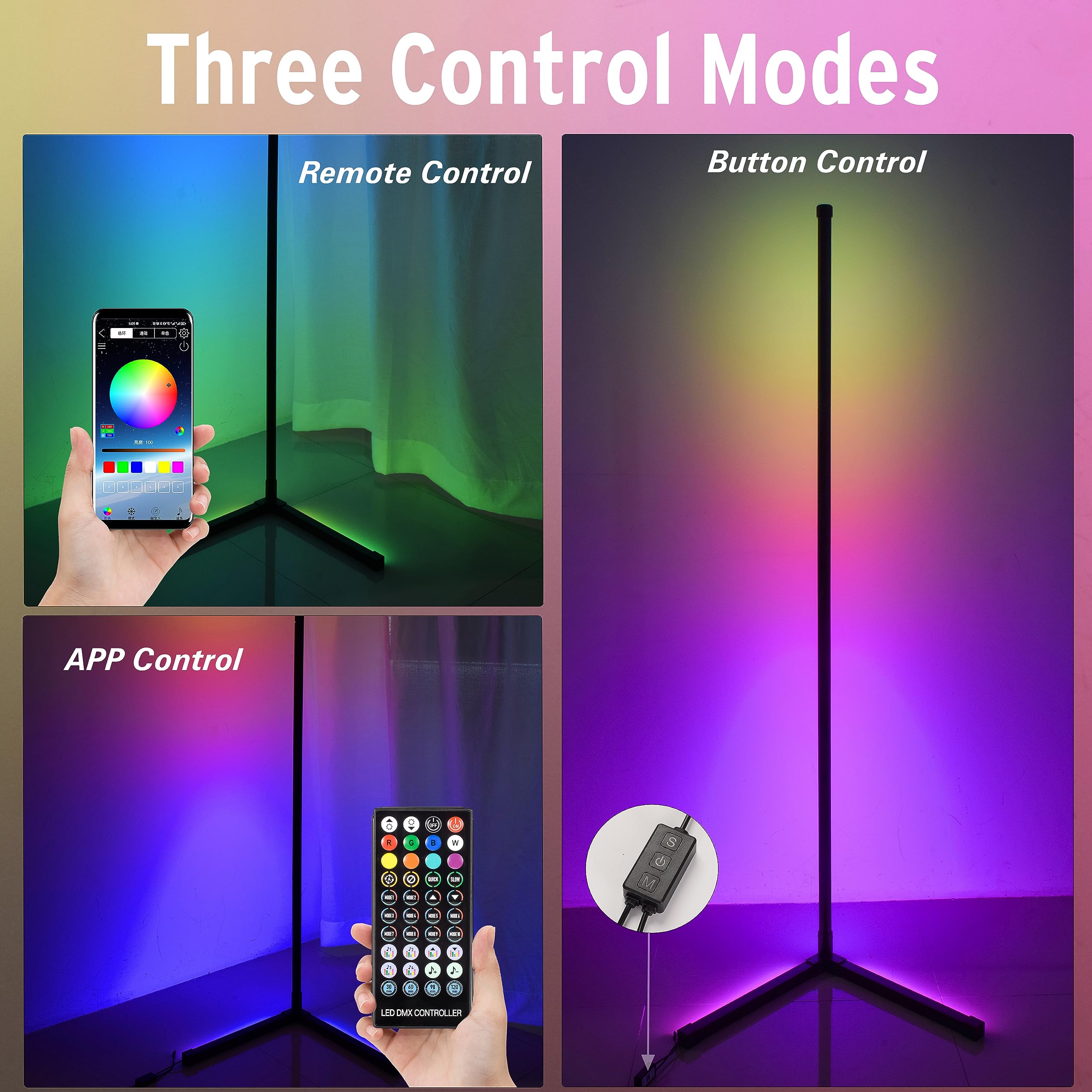 24W Corner Floor Lamp, 62" Smart RGB LED Floor Lamp with Music Sync, Modern Mood Lighting Corner Lamp Dimmable with Remote & App Control, DIY Mode & Timer RGB Corner Light for Living Room Gaming Room