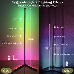 24W Corner Floor Lamp, 62" Smart RGB LED Floor Lamp with Music Sync, Modern Mood Lighting Corner Lamp Dimmable with Remote & App Control, DIY Mode & Timer RGB Corner Light for Living Room Gaming Room