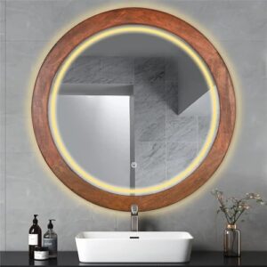 round bathroom led 30 inch mirror with walnut wood frame,lighted vanity circle smart mirror for wall,3 color dimmable light up rustic framhouse mirror for makeup(rustic brown)