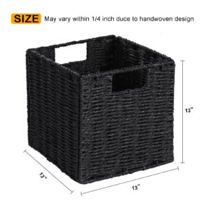 Vagusicc Wicker Storage Baskets, Set of 2 Hand-Woven Foldable Cube Storage Baskets with Handles 13 inches + Set of 3 Woven Paper Rope Handles Wicker Baskets for Storage with Liners