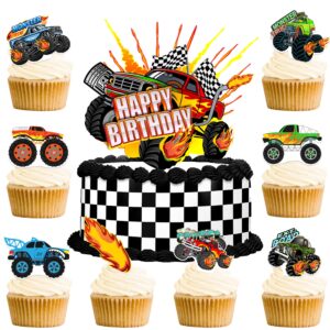 haxpacal truck cake topper, 49pcs monster car theme birthday party supplies, red, green, blue cake decorations for kids birthday, baby shower party decorations