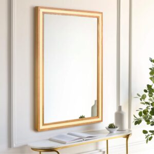 Wood Bathroom Mirror with Solid Frame,24 x 36 Inch LED Lighted Vanity Mirror,Rectangle Makeup Tempered Mirror for Wall,Light up Unique Mirror(Natural)