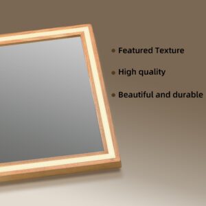 Wood Bathroom Mirror with Solid Frame,24 x 36 Inch LED Lighted Vanity Mirror,Rectangle Makeup Tempered Mirror for Wall,Light up Unique Mirror(Natural)