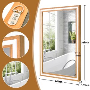 Wood Bathroom Mirror with Solid Frame,24 x 36 Inch LED Lighted Vanity Mirror,Rectangle Makeup Tempered Mirror for Wall,Light up Unique Mirror(Natural)