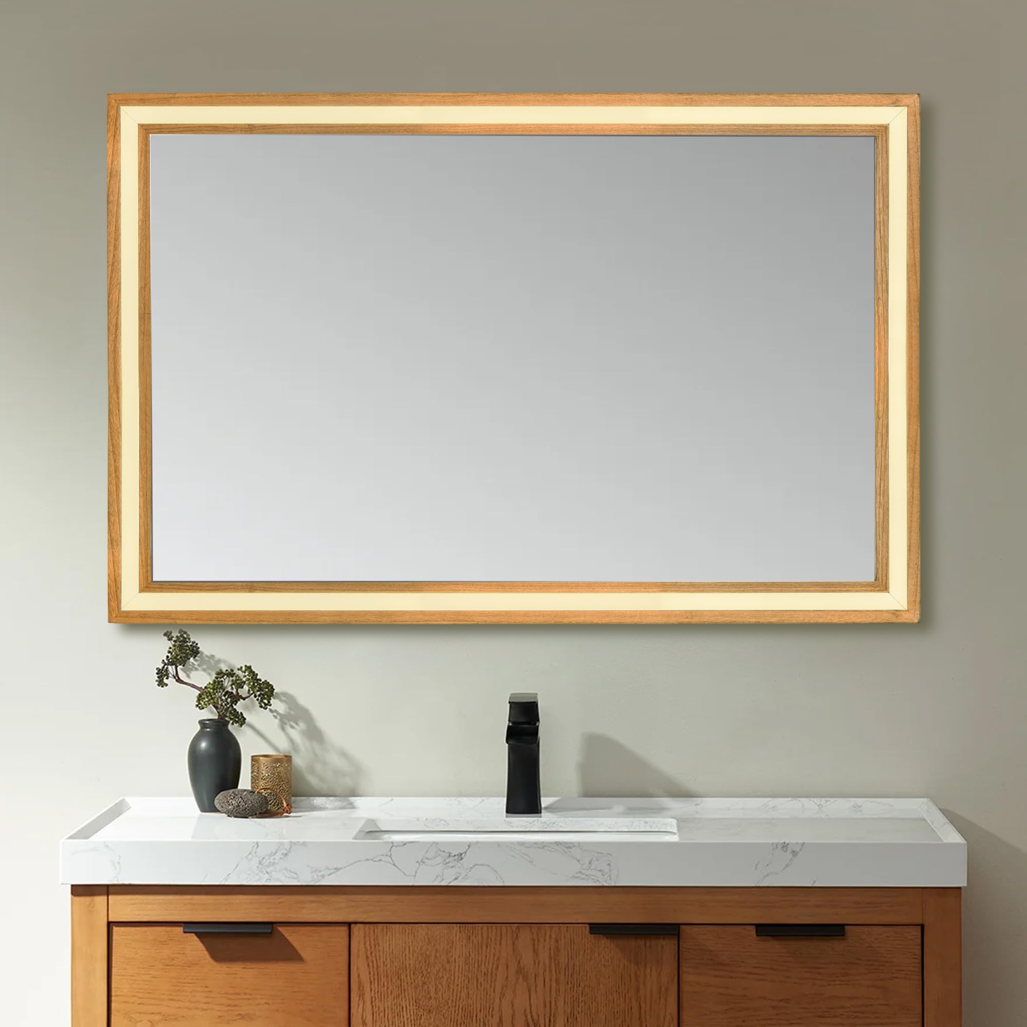 Wood Bathroom Mirror with Solid Frame,24 x 36 Inch LED Lighted Vanity Mirror,Rectangle Makeup Tempered Mirror for Wall,Light up Unique Mirror(Natural)