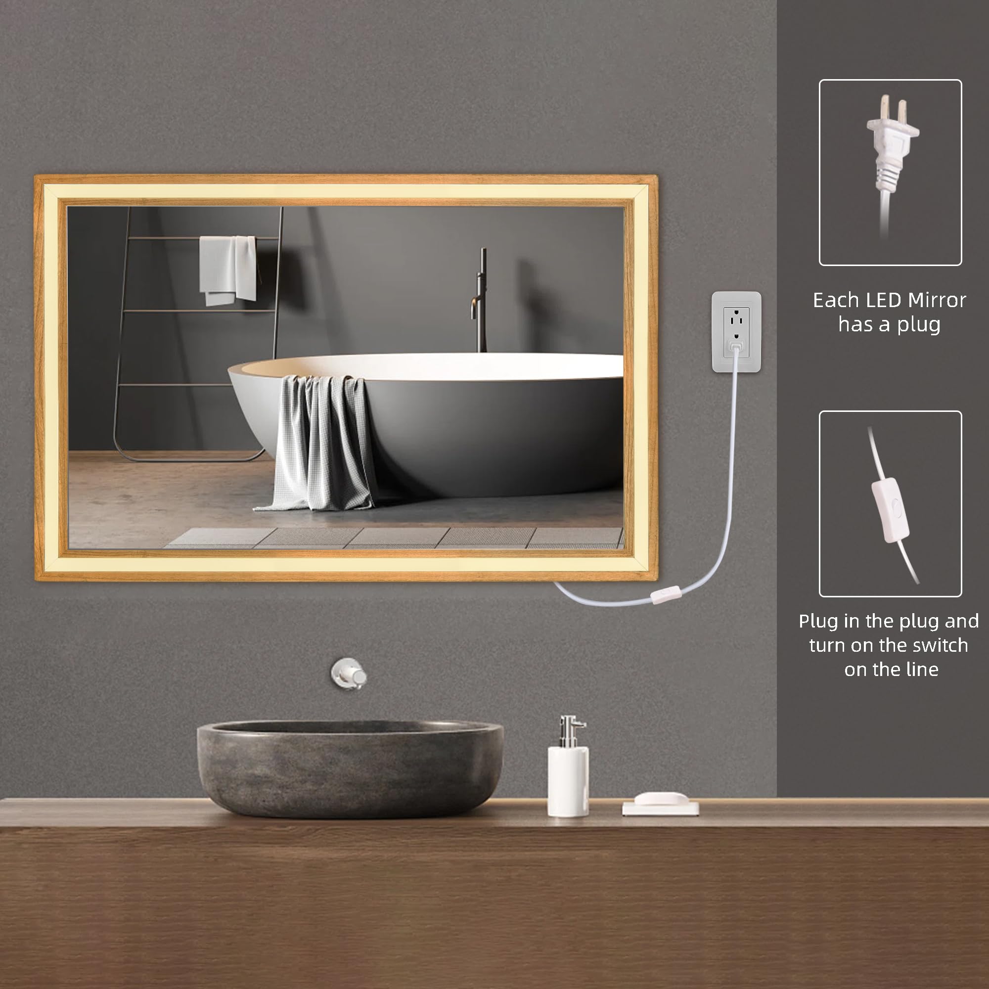 Wood Bathroom Mirror with Solid Frame,24 x 36 Inch LED Lighted Vanity Mirror,Rectangle Makeup Tempered Mirror for Wall,Light up Unique Mirror(Natural)