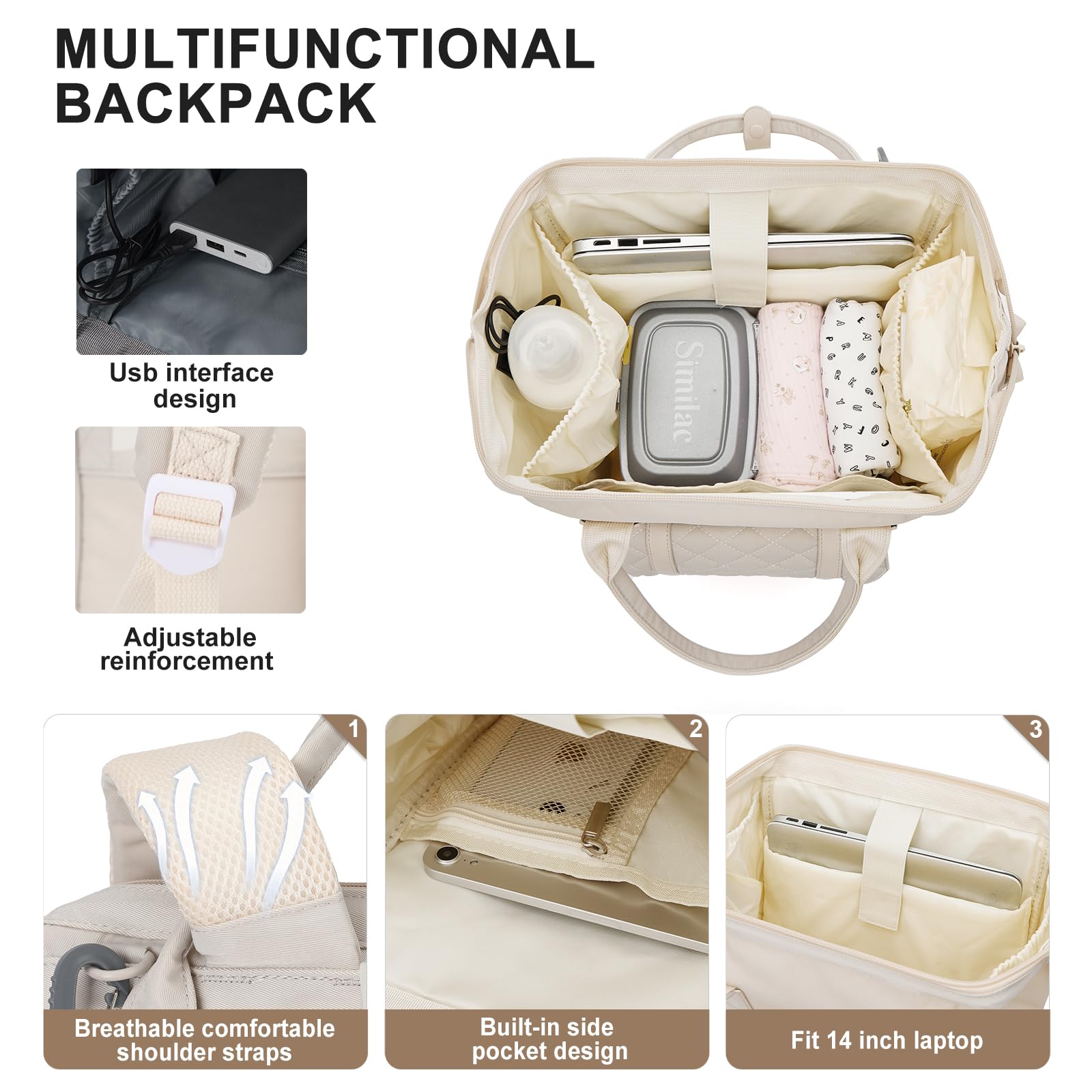 Diaper Bag Backpack,Travel Essentials Baby Bag for Girls Boy Maternity Baby Changing Bags Unisex Baby Diaper Backpack Waterproof Travel Backpack with Insulated Pockets & Stroller Straps Beige