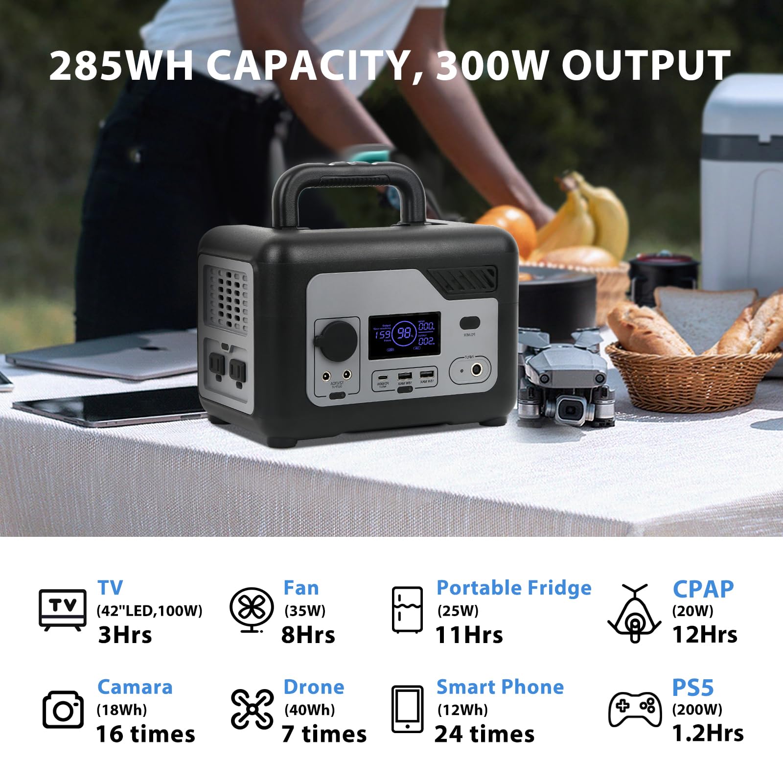 ODEER Portable Power Station, 285Wh Portable Solar Generator Portable Power Station 300W with AC Input, 2*DC 120W Output, 2* USB-A Output, LED Light for Outdoor Camping