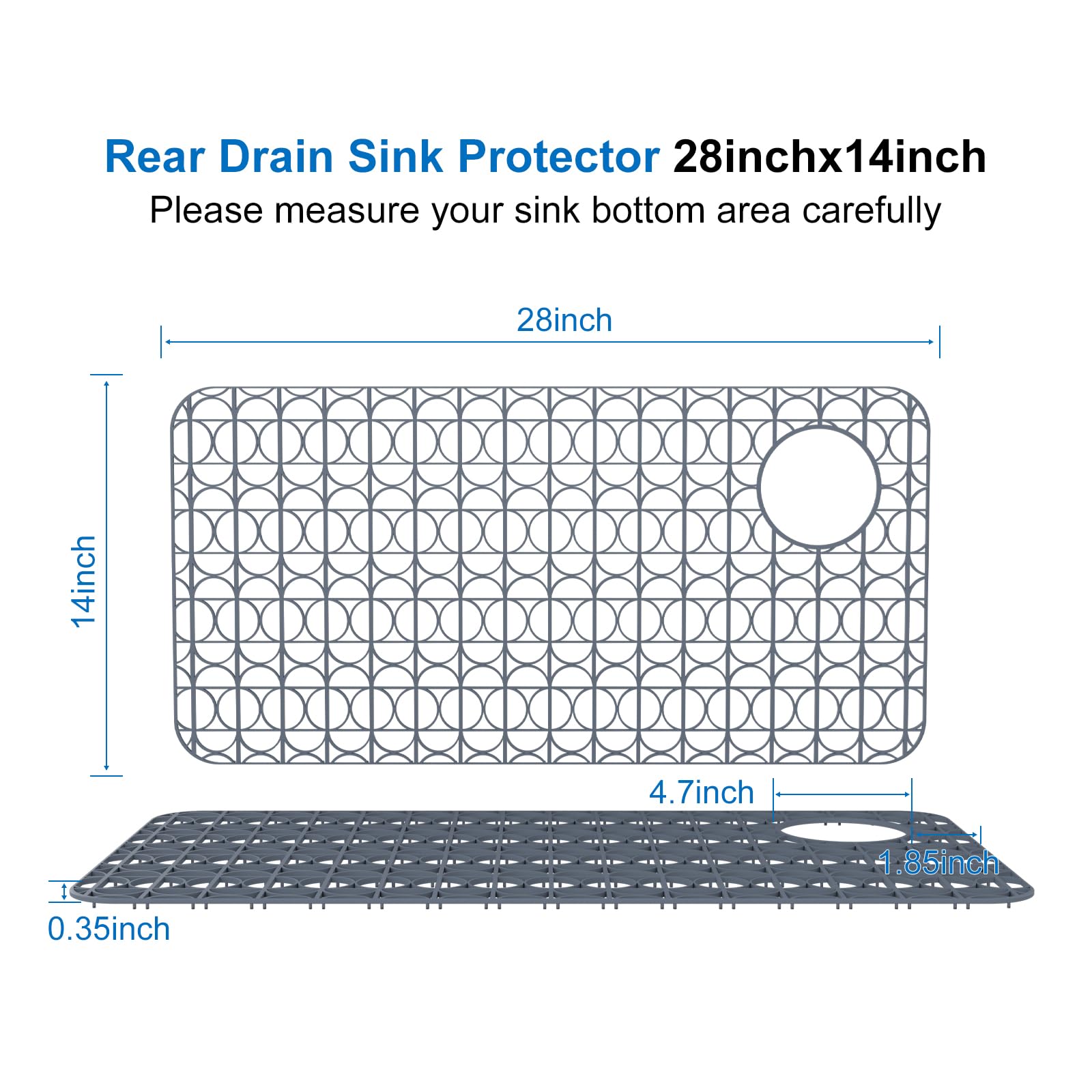 Kitchen Silicone Sink Protector Mat 28''×14'' Farmhouse Sink Protectors for Stainless Steel Kitchen Grey Sink Grid with Rear Drain