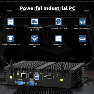 Thdeukoty Fanless Mini Industrial PC, Desktop Computer Core i7-5500U Windows 10 Pro, 16GB RAM 512GB SSD, 2xNICs, 2*COM RS232, 4xUSB3.0, Dula-Band WiFi, HDMI/VGA Ports, Gigabit LAN, Auto Power On