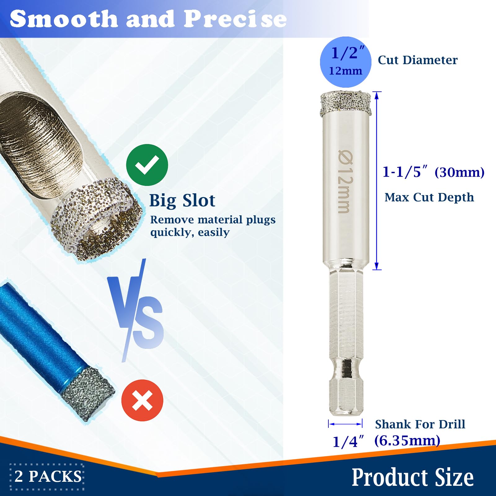 DaduoRi 1/2 inch Diamond Hole Saw, Wet Use, 1/2" Tile Hole Saw for Porcelain Tile Glass Granite Ceramic Marble Stone,12mm Drill bits x 2 Pack, Small (1/4" hex Shank)