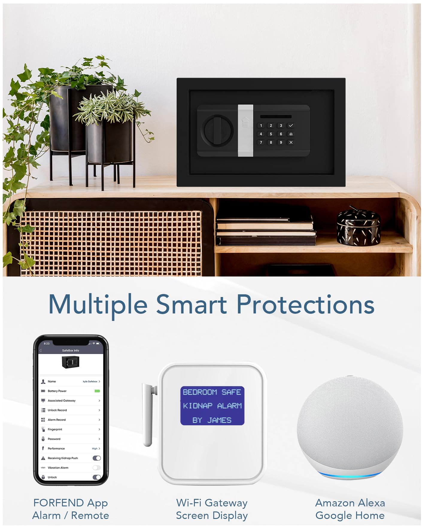 FORFEND Smart Home Safe | App Control/Alert WiFi Safe Box | Kidnap Alarm, Tamper Detection, False Attempt Alarm | Alexa/Google Home | Predrilled Wall Mount | Money Safe for Cash Jewelry Handgun Safe