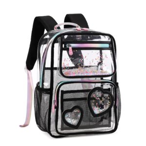 KIDNUO Clear Backpack for Girls Kids Elementary Bookbags Transparent Stadium Approved Travel Daypack See Through Middle College School Bag Large Laptop Backpack for Women Teens Students (Black)