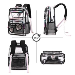 KIDNUO Clear Backpack for Girls Kids Elementary Bookbags Transparent Stadium Approved Travel Daypack See Through Middle College School Bag Large Laptop Backpack for Women Teens Students (Black)