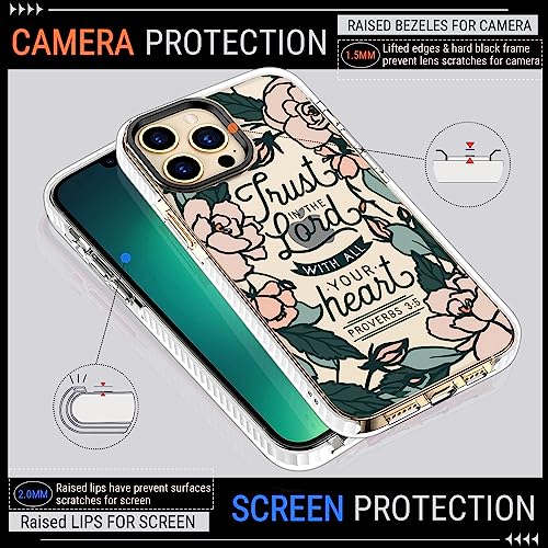 iPhone 13 Pro Max Case,Women Girl Cute Peony Flowers Floral Bible Verse Proverbs 3:5 Quotes Inspirational Christian Clear Soft Rubber TPU Anti Scratch Protective Clear Case Cover for iPhone 13 Pro Max