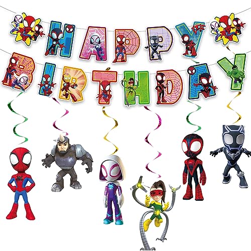 Spidey and his amazing friends party supplies,6pcs Spidey Hanging Swirls and 1 Happy Birthday Banner for Spidey Birthday party Decoration