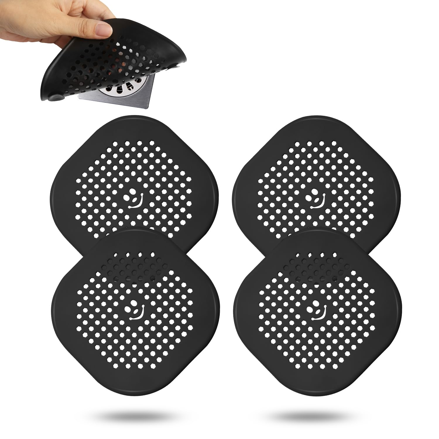 4 Pack Shower Drain Hair Catcher Bathroom Accessories Silicone Drain Cover Sink Drain Strainer Hair Stopper for Shower Kitchen Bathroom Tub (Black)