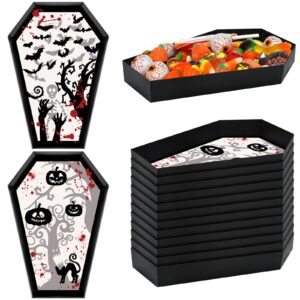 mumufy 12.2 x 8.46 inch halloween paper coffin tray 16 pcs coffin bowl with witch spider bat pumpkin halloween serving tray disposable coffin bowl goth decor tray for halloween party(spooky style)