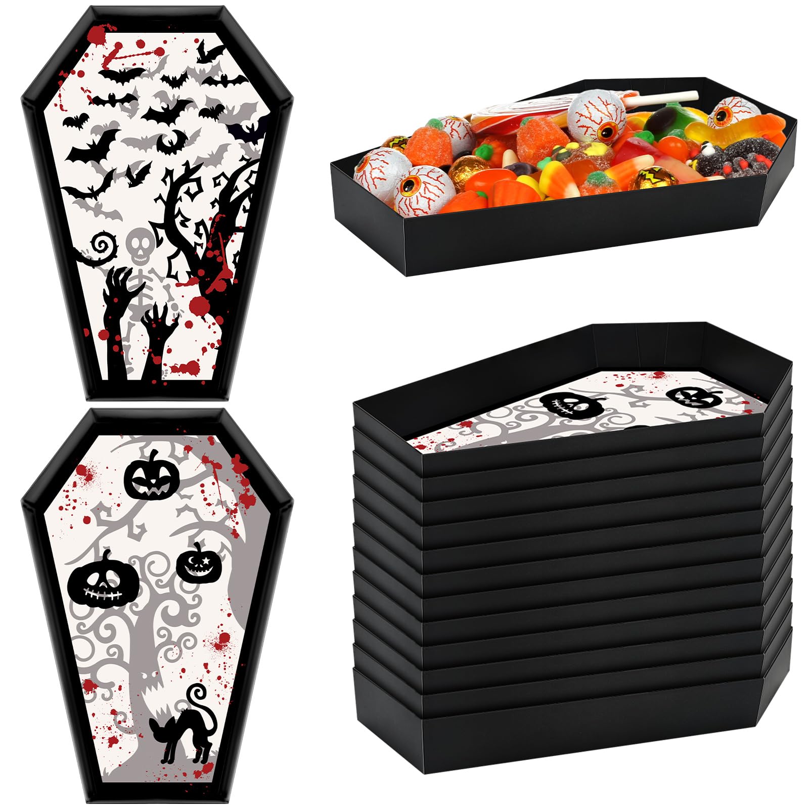 Mumufy 12.2 x 8.46 Inch Halloween Paper Coffin Tray 16 Pcs Coffin Bowl with Witch Spider Bat Pumpkin Halloween Serving Tray Disposable Coffin Bowl Goth Decor Tray for Halloween Party(Spooky Style)