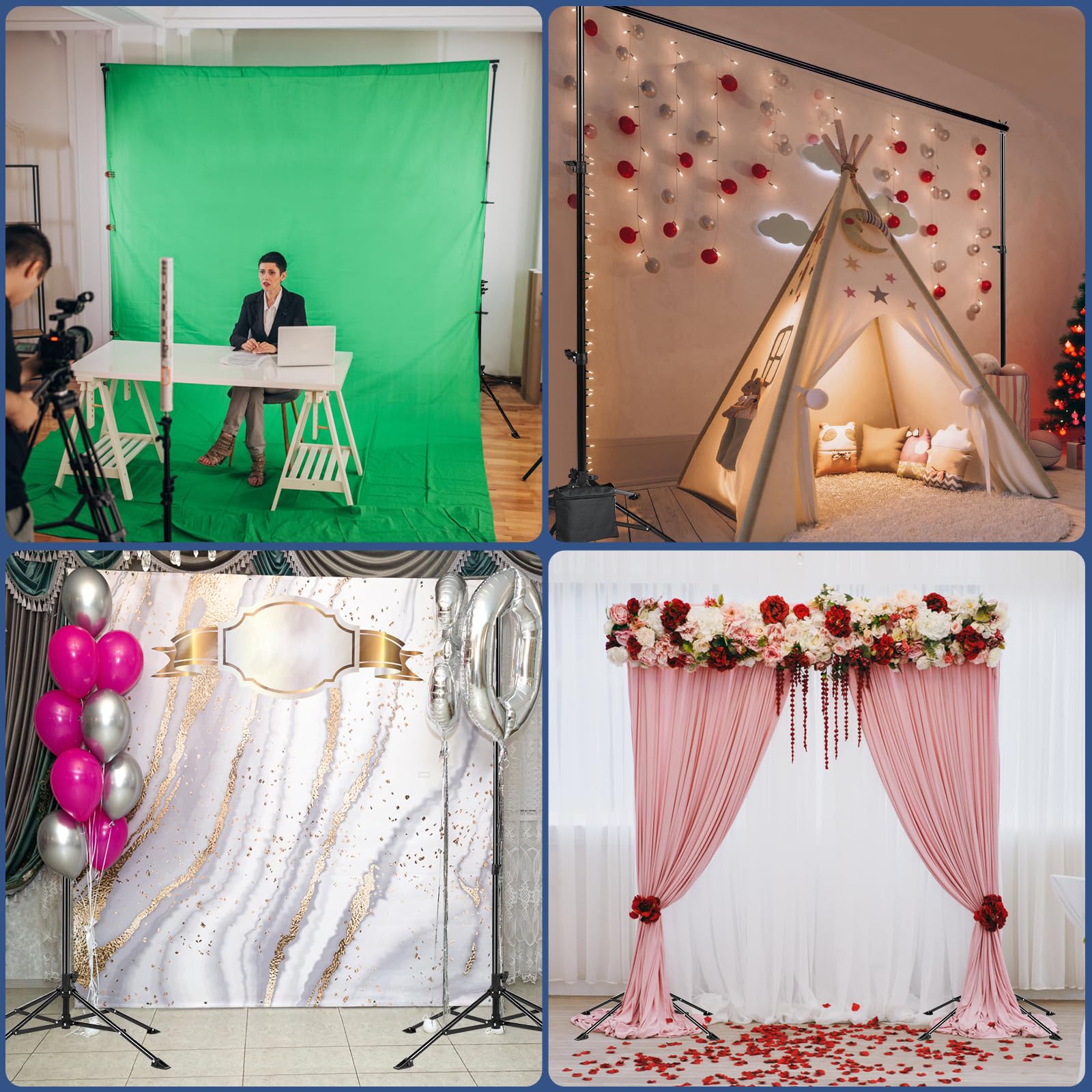 New Upgrade Four-Legged Backdrop Stand 6.5x10ft,IFKDNR Photo Backdrop Stand for Parties,Back Drop Adjustable Stand Kit with 4 Crossbars Backdrop Clamps and Carrying Bag for Parties Wedding Decoration