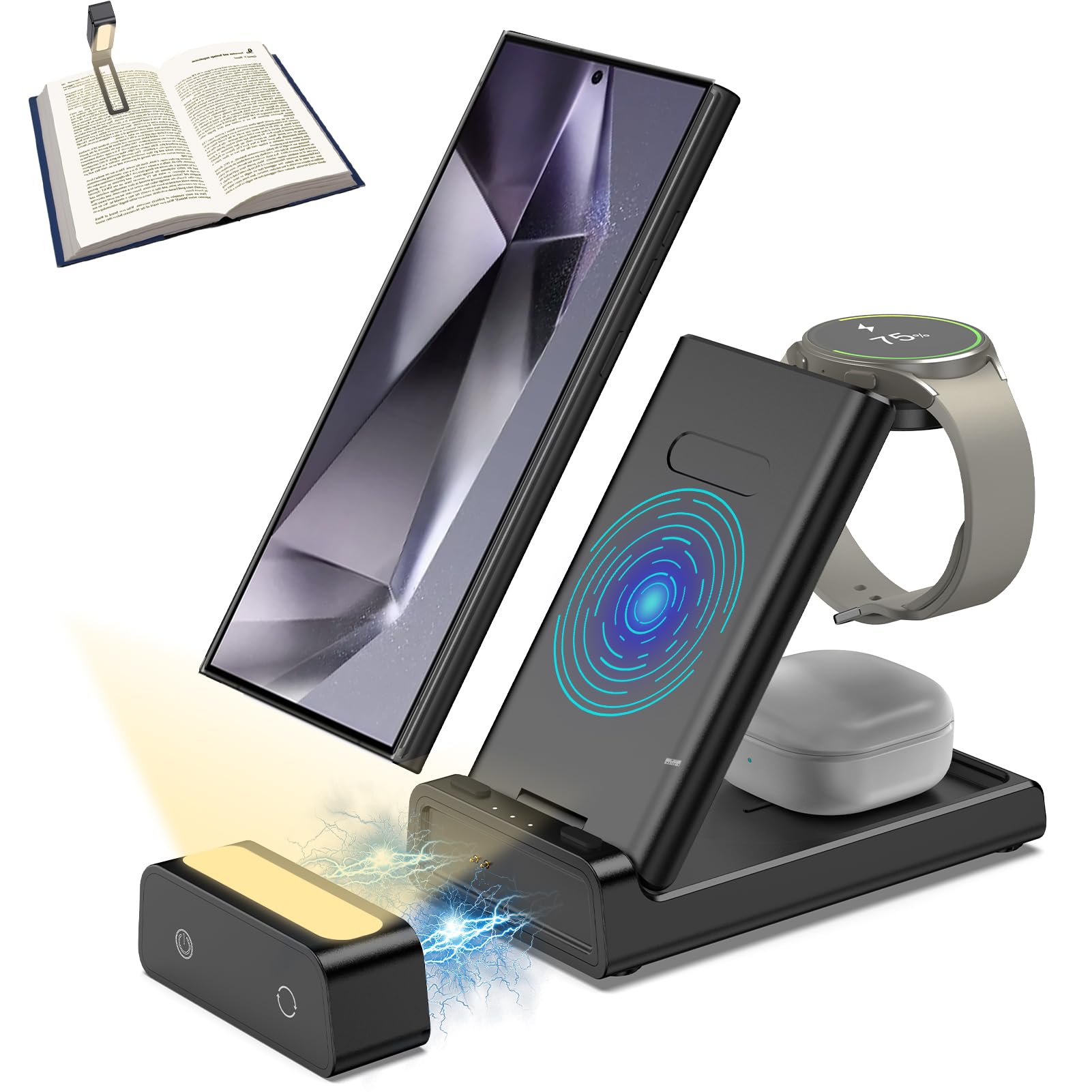 Wireless Charging Station for Samsung Watch Charger, 3 in 1 Wireless Charger Night Light for Samsung Multiple Devices/Galaxy S23/S22/S21/Z Flip 5/Fold 5/ Watch 6 5 Pro/Buds, Foldable Trio Charger