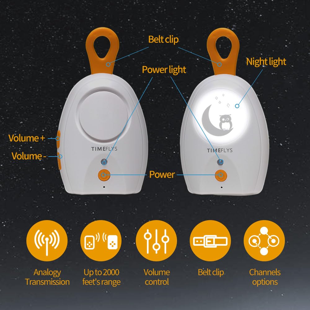 TimeFlys Audio Baby Monitor 2024 Upgrade Version Paladin, Portable, Rechargeable, Extra Long Range up to 2000 ft, Night Light, Crystal Sound, Camping