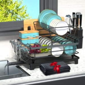 ouosawa dish drying rack with drainboard, stainless steel 2 tier large dish racks for kitchen counter, detachable dish strainer rack with cup holder, utensil holder & cutting-board holder, black