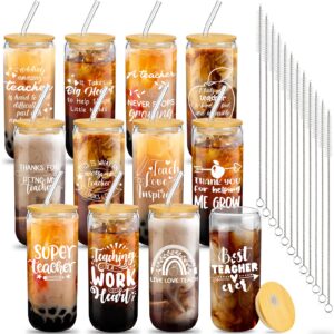 umigy teacher appreciation gifts teacher glass cups 16oz can shaped beer glass with lids straws brushes teacher thank you gifts funny for christmas birthday new teachers(12 sets, stylish)