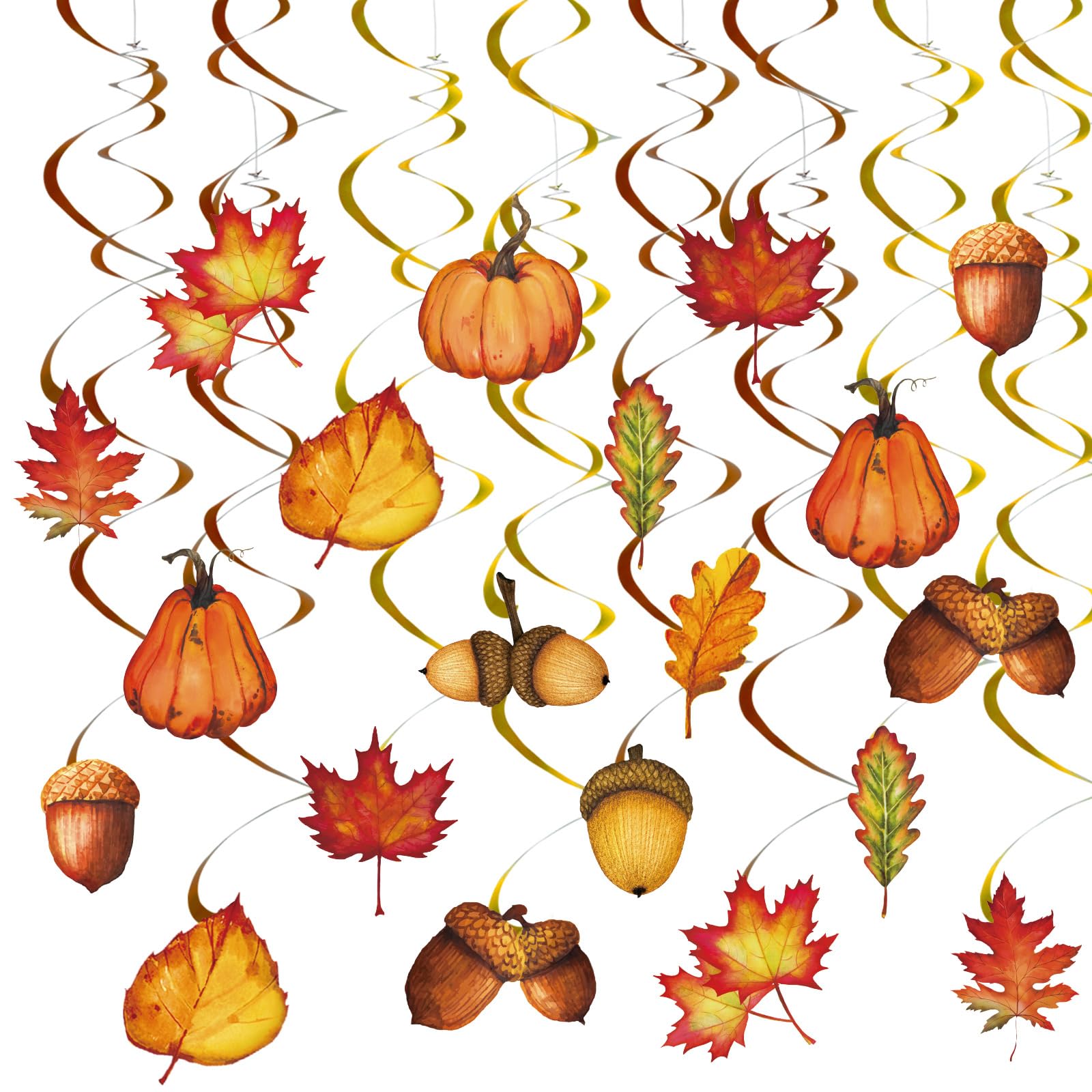 Whaline 32Pcs Fall Hanging Swirl Pumpkin Maple Leaf Pinecone Swirl Ceiling Hanging Decoration Fall Party Swirls for Autumn Harvest Thanksgiving Party Ornaments Favors Supplies Decoration