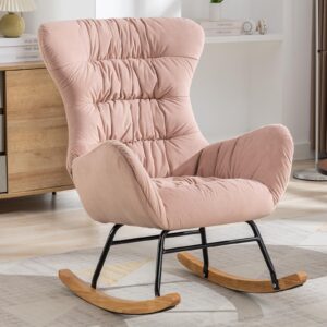 nioiikit nursery rocking chair, velvet upholstered glider rocker, rocking accent chair with high backrest, comfy rocking accent armchair for living room, bedroom, offices (pink velvet)