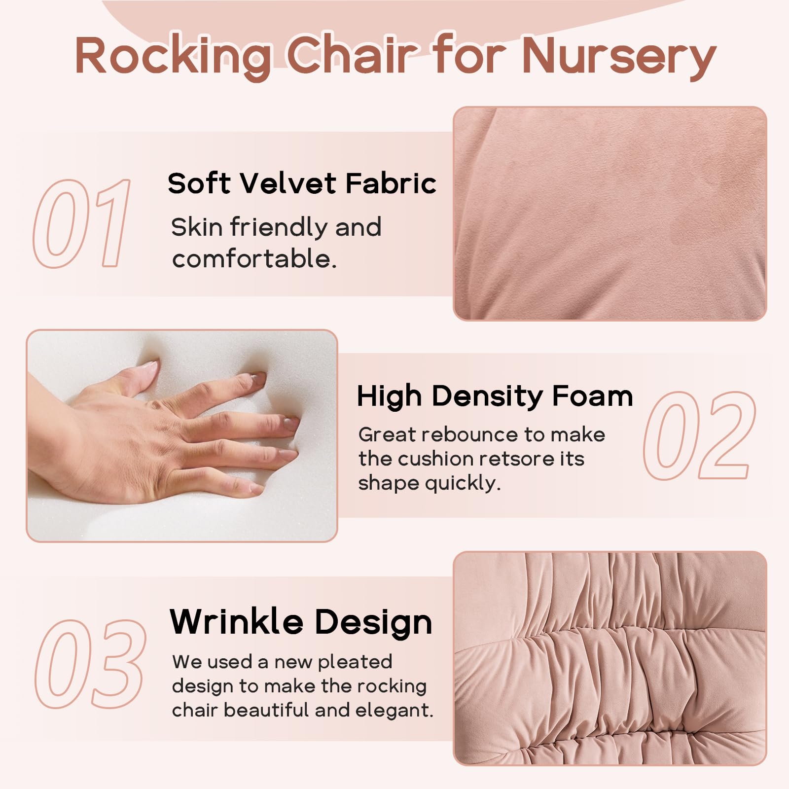 NIOIIKIT Nursery Rocking Chair, Velvet Upholstered Glider Rocker, Rocking Accent Chair with High Backrest, Comfy Rocking Accent Armchair for Living Room, Bedroom, Offices (Pink Velvet)