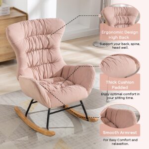 NIOIIKIT Nursery Rocking Chair, Velvet Upholstered Glider Rocker, Rocking Accent Chair with High Backrest, Comfy Rocking Accent Armchair for Living Room, Bedroom, Offices (Pink Velvet)