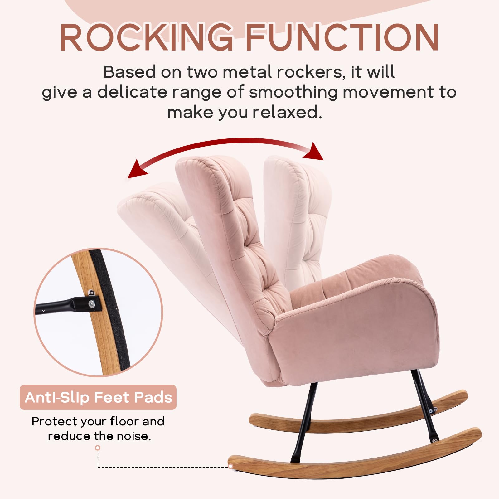 NIOIIKIT Nursery Rocking Chair, Velvet Upholstered Glider Rocker, Rocking Accent Chair with High Backrest, Comfy Rocking Accent Armchair for Living Room, Bedroom, Offices (Pink Velvet)