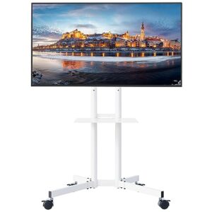 bontec tilt rolling tv stand for 32-85inch led, lcd, oled,4k tvs, mobile height adjustable tv cart with laptop shelf and locking wheels, holds up to 132lbs, max vesa 600x400mm, white