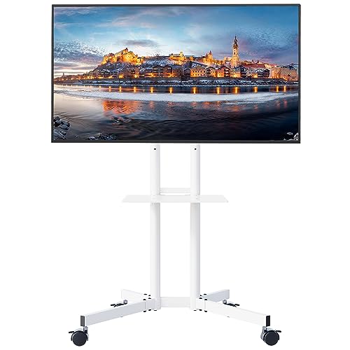 BONTEC Tilt Rolling TV Stand for 32-85Inch LED, LCD, OLED,4k TVs, Mobile Height Adjustable TV Cart with Laptop Shelf and Locking Wheels, Holds Up to 132lbs, Max VESA 600x400mm, White