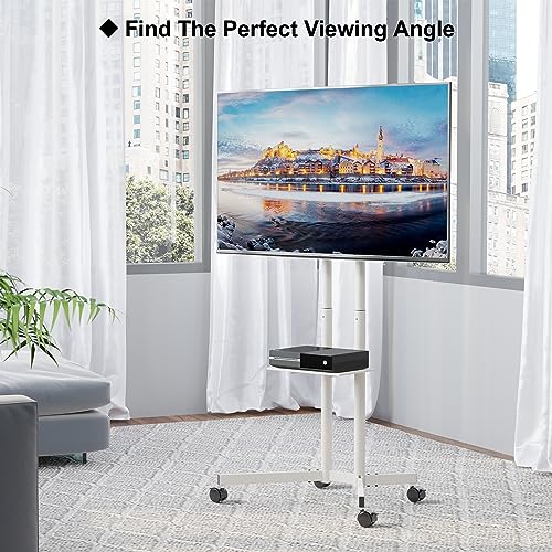 BONTEC Tilt Rolling TV Stand for 32-85Inch LED, LCD, OLED,4k TVs, Mobile Height Adjustable TV Cart with Laptop Shelf and Locking Wheels, Holds Up to 132lbs, Max VESA 600x400mm, White